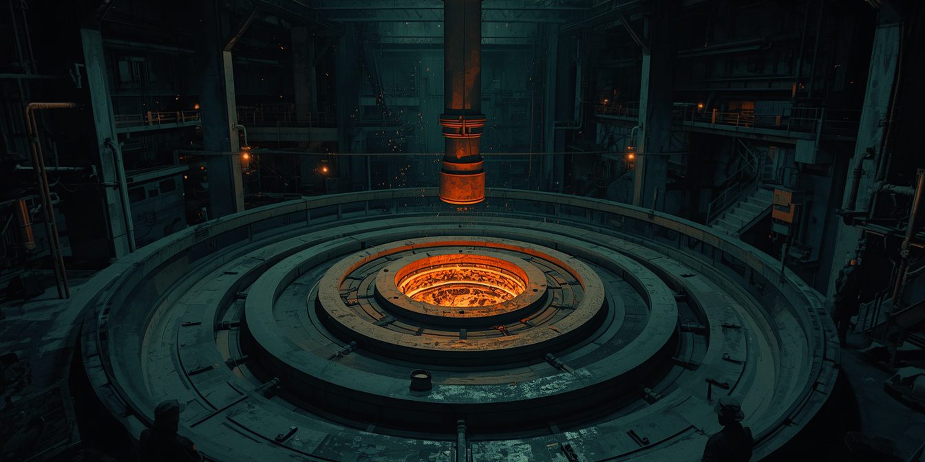 lucid-origin_A_dark_industrial_foundry_at_night_a_small_glowing_molten-orange_core_suspended_-0